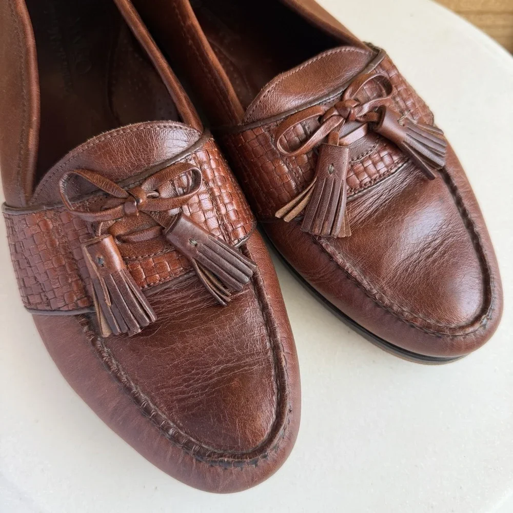 Johnston & Murphy Optima Leather Men's Loafers 9 D Brown Basket Weave Tassle VTG